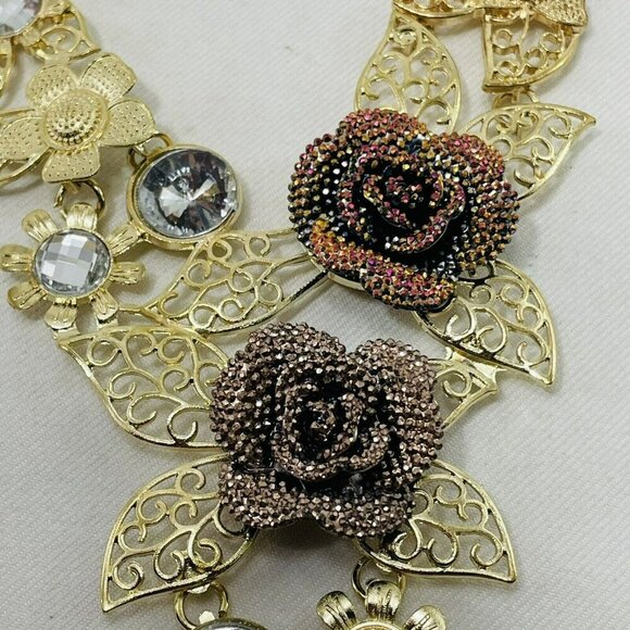 Rose Flower Necklace Earrings Matching Set Statement Gold Tone Chunky Retro Big - Picture 5 of 12